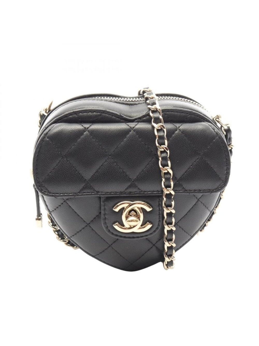 Chanel Shoulder Bag Heart Chain Clutch Black Lambskin Quilted Shape